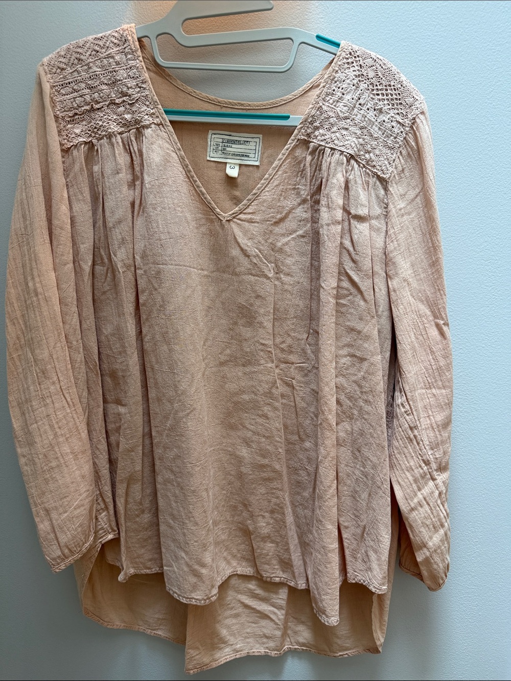 Current/Elliott Blush-Pink Crochet Yoke V-Neck Tunic